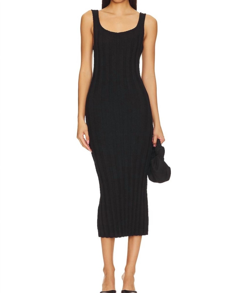 Front of a model wearing a size L Santos Sweater Midi Dress In Black in Black by Free People. | dia_product_style_image_id:345687